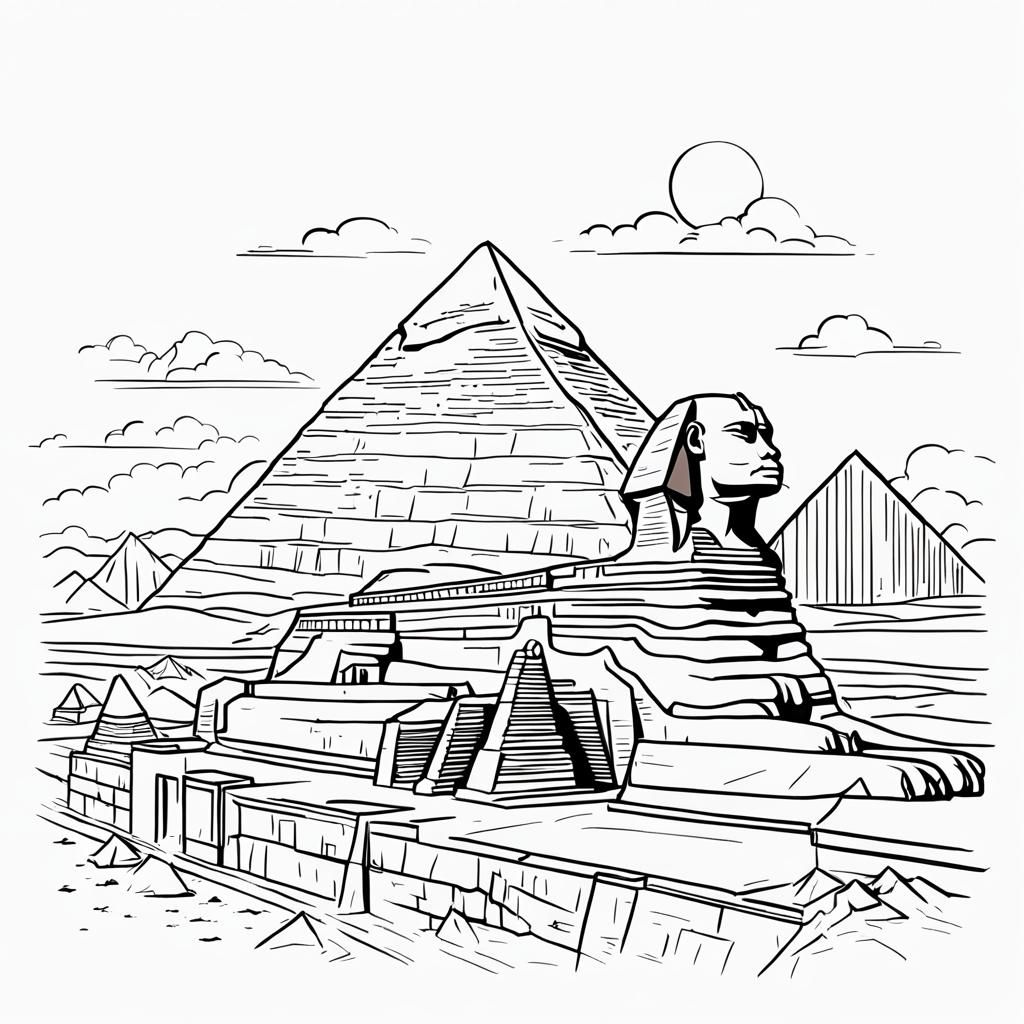 Egyptian Ancient Wonders in Monochrome Line Art Style