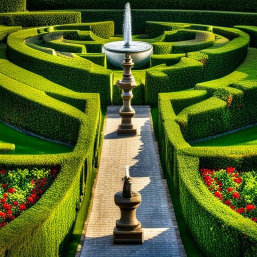 Hyperrealistic Flowering Hedge Maze with Fountain