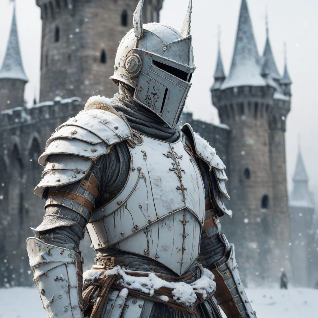 Snow Knight Before Winter Castle in Fluid Digital Art Style