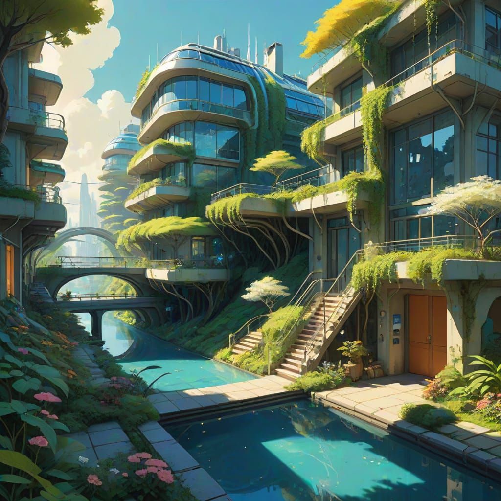 Utopian Eco-City in Whimsical Solarpunk Style