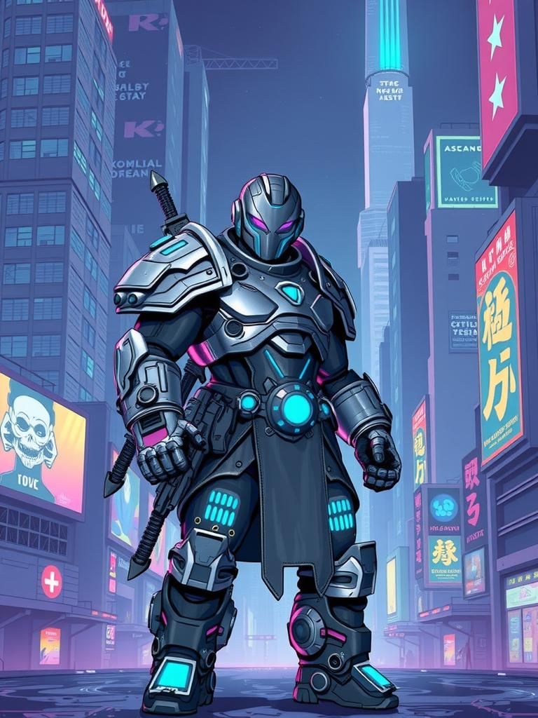 Futuristic Warrior in Neon Cityscape: 8-bit Pixel Art