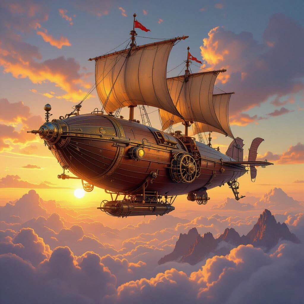 Steampunk Airship Soaring Through Sunset Sky