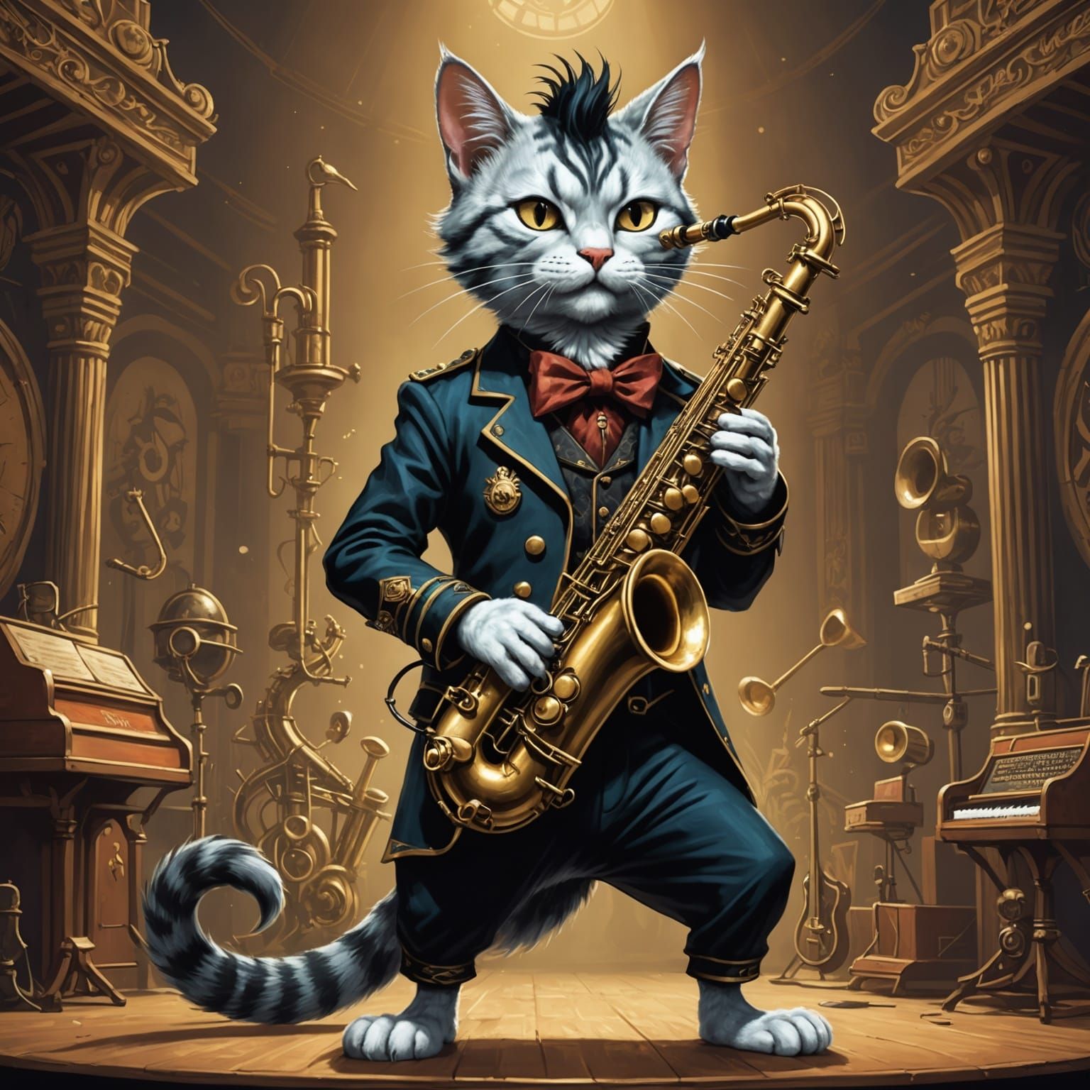 Rockabilly Cat Saxophonist in Dieselpunk Fantasy
