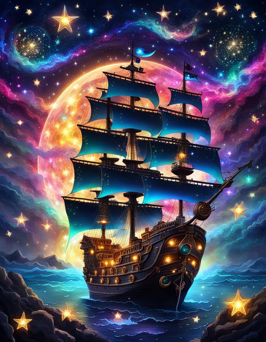 Glowing celestial sparkling chibi pirate-ship, chaotic sparkly bioluminous colours, superb lighting, breathtaking hyperd...