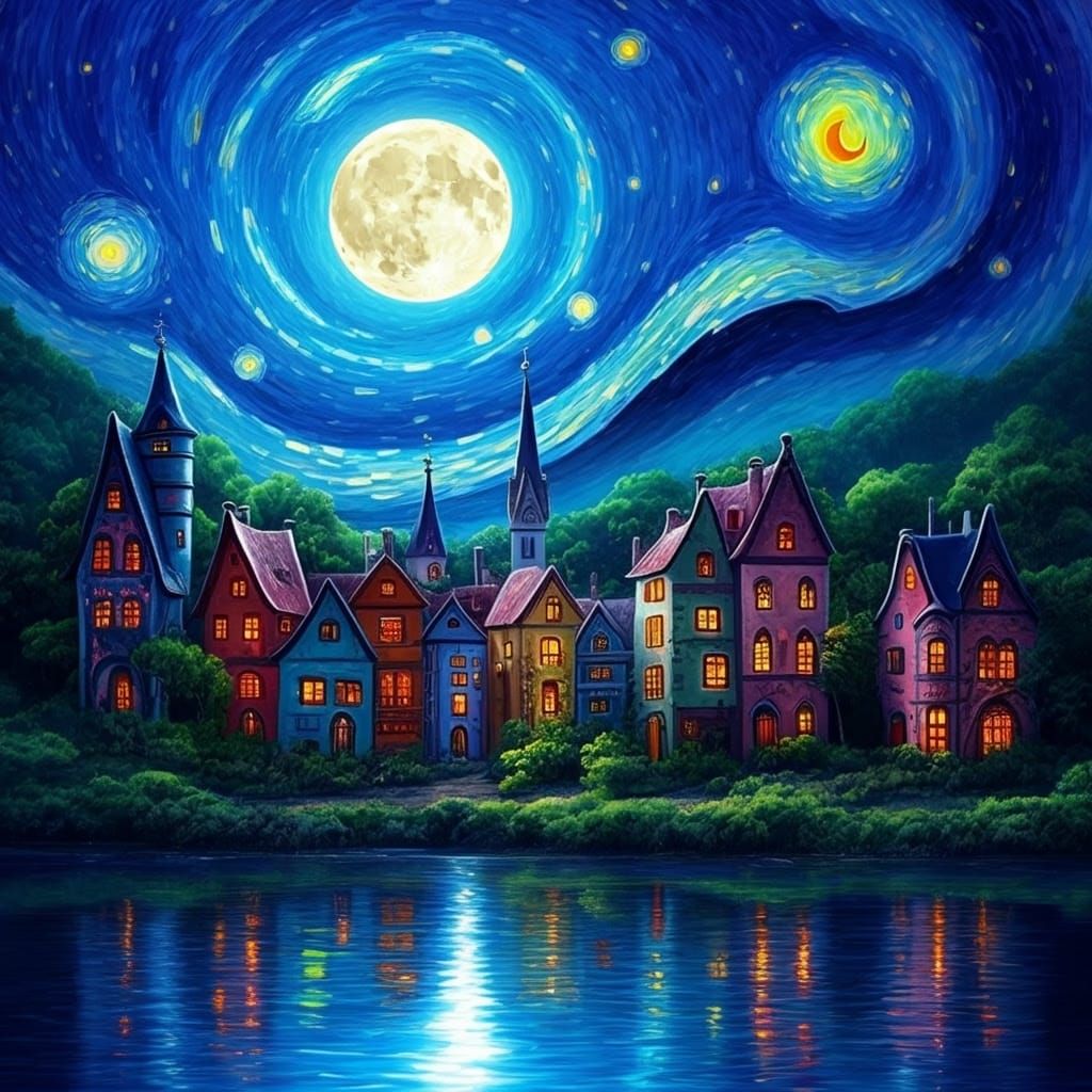 Dreamy Whimsical Night Scene with Swirling Sky and Luminous ...