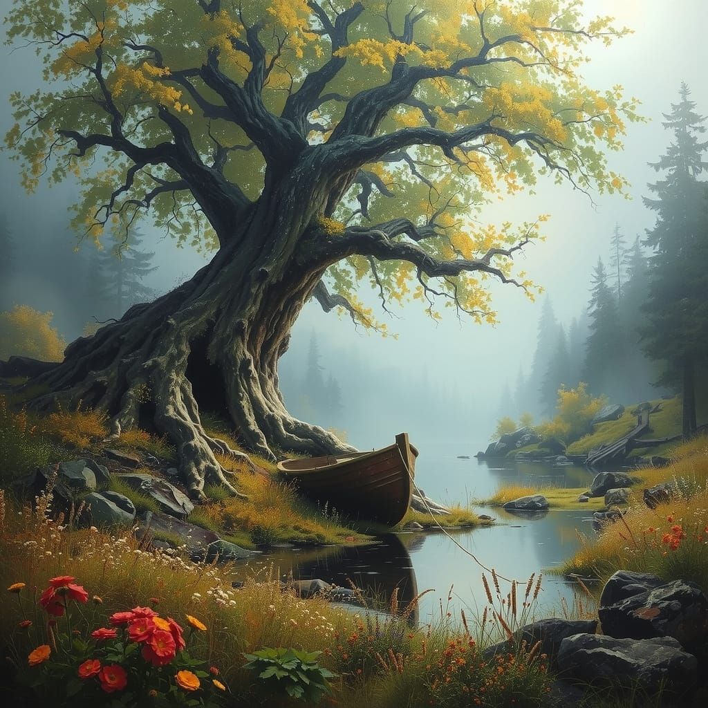 Majestic Gnarled Tree in a Foggy Wilderness