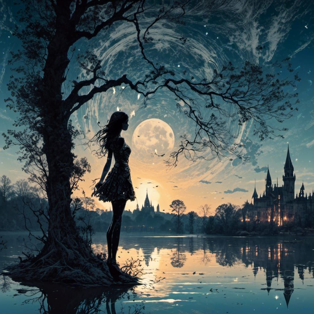 Double Exposure Portrait by Moonlit Lake