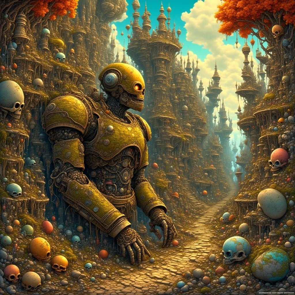 Vintage Robot Powers Down in Overgrown Solarpunk City