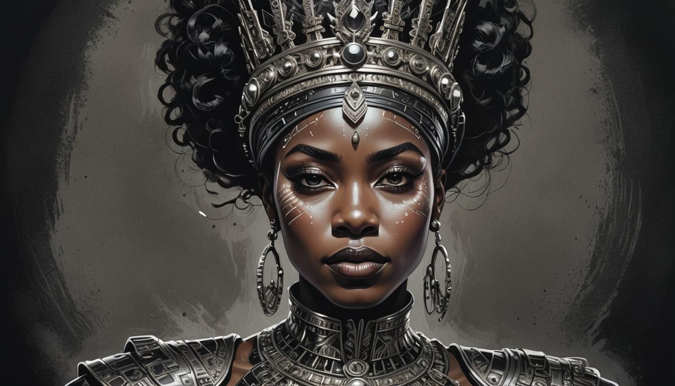 Futuristic African Queen in Charcoal and Ink
