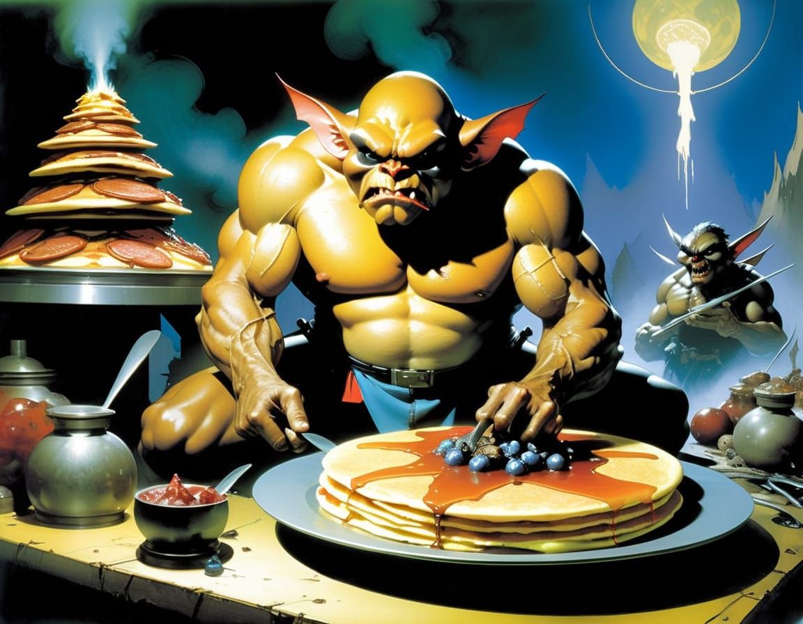 Pancake Mountain with Miniature Gremlins in Comic Book Style
