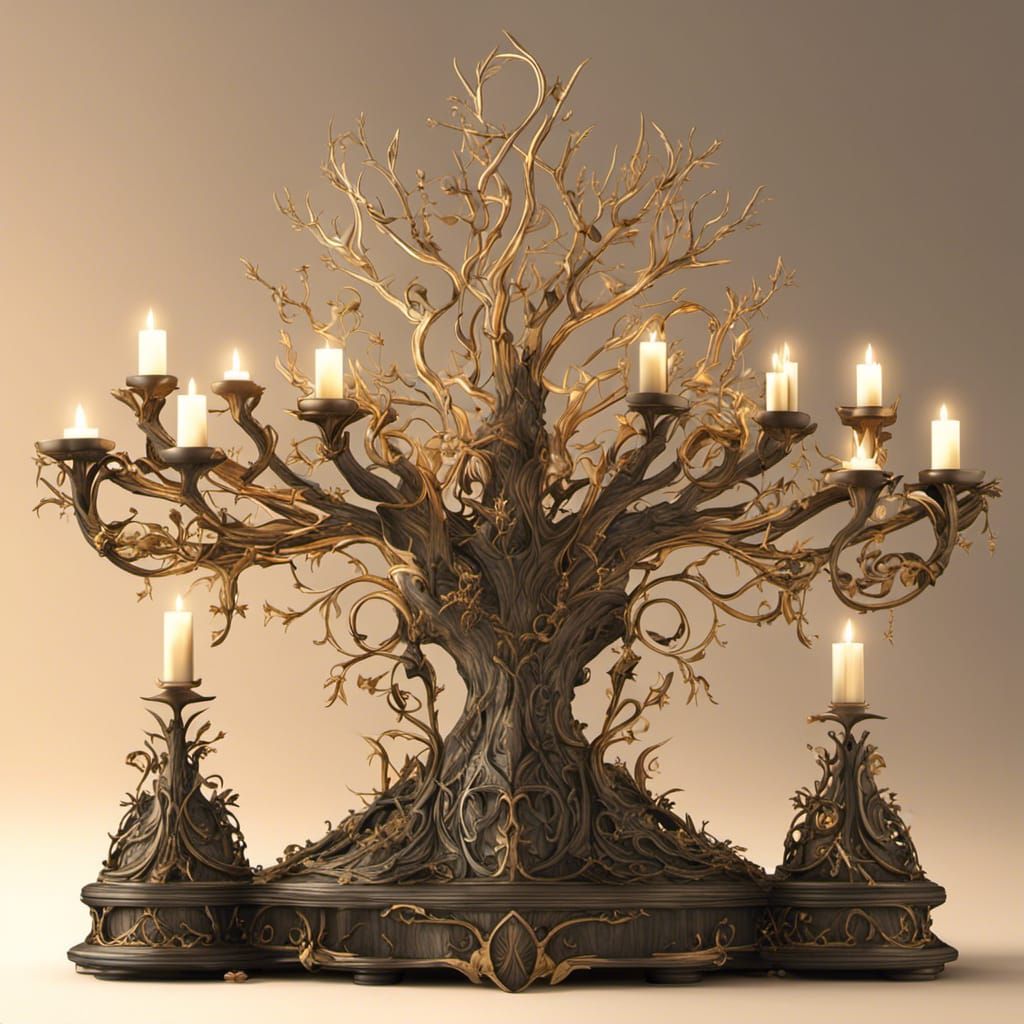 Elven Tree Menorah by Window, Fantasycore Art