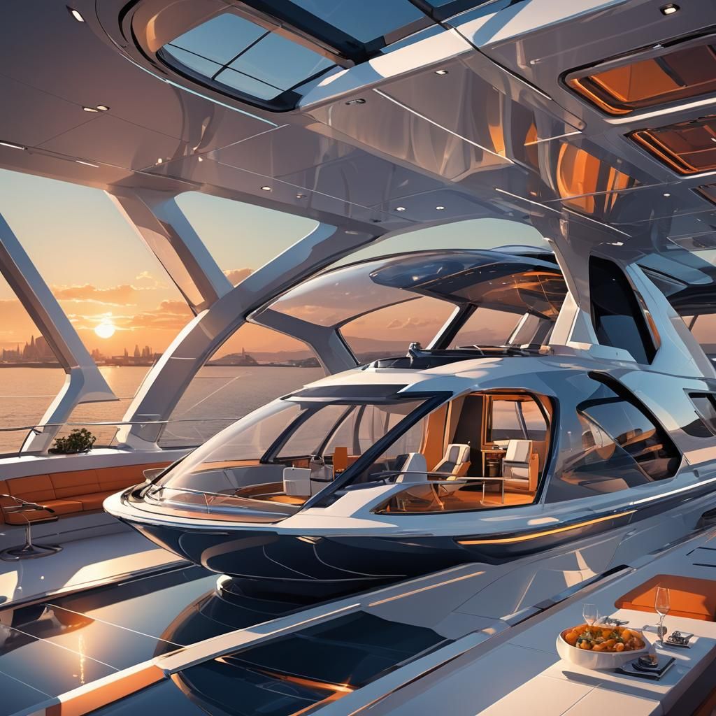 Futuristic AI Yacht at Sunset, Syd Mead Aesthetic