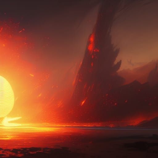 Fiery Earth Under Alien Warship, Digital Art