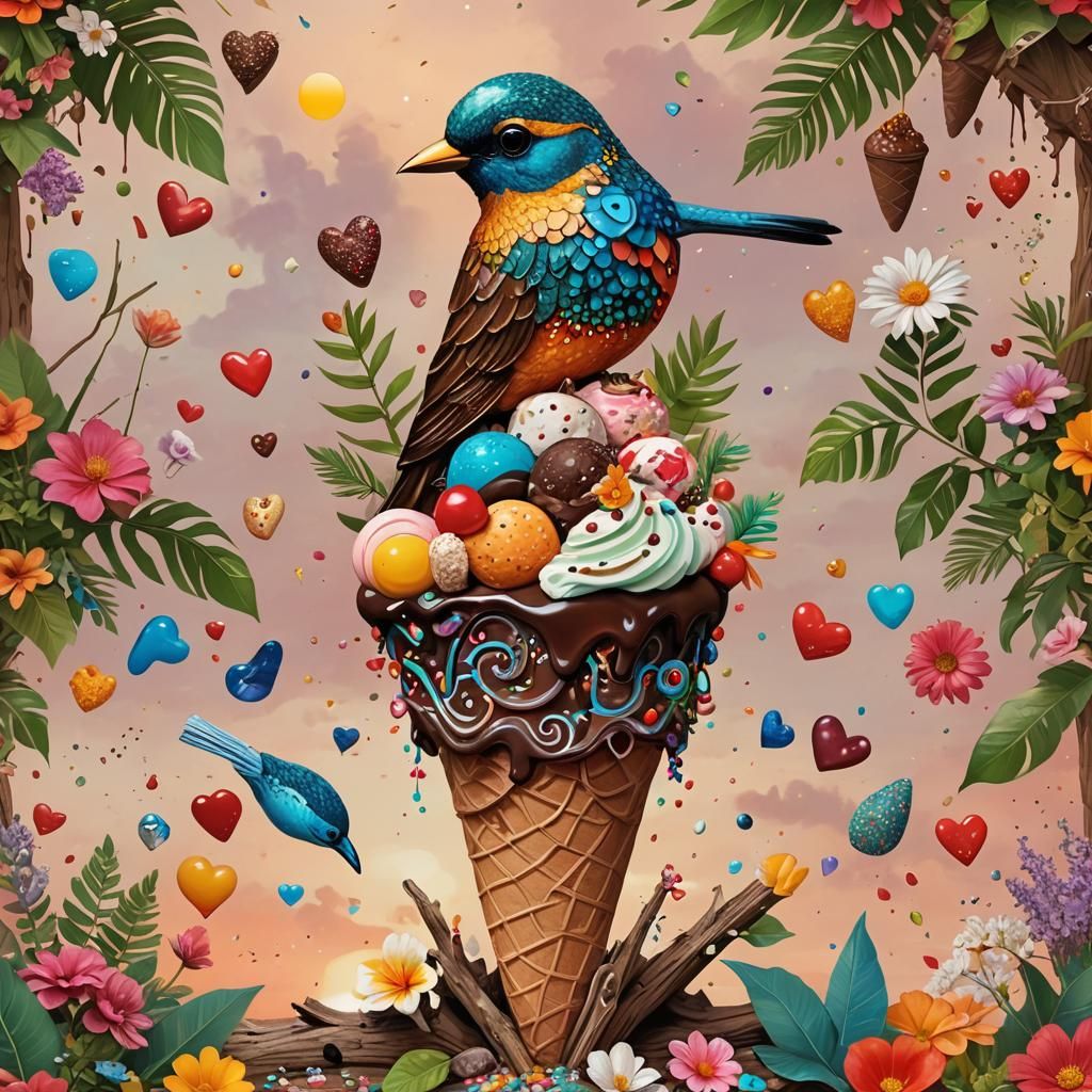 Bird on Gemstone Ice Cream Cone, Digital Art