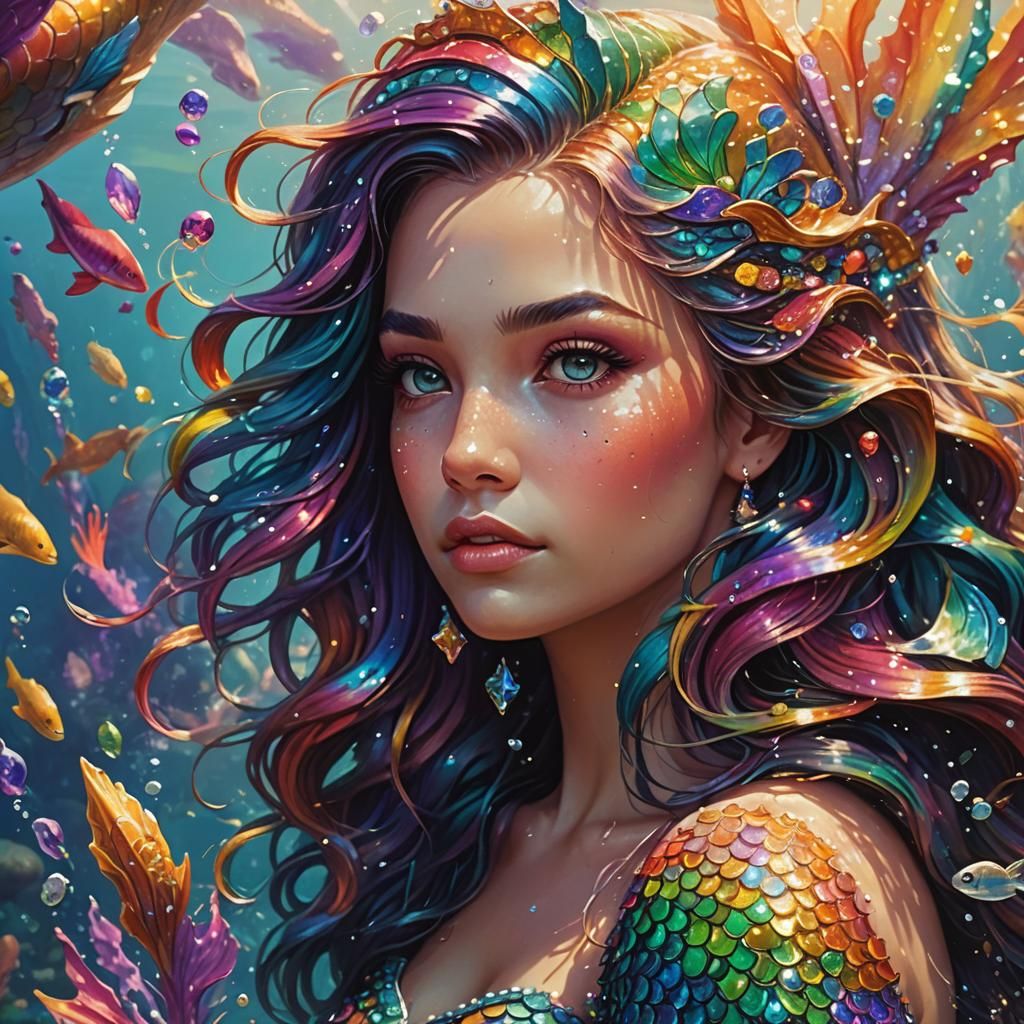 Gem-Encrusted Mermaid in Colorful Splash Art