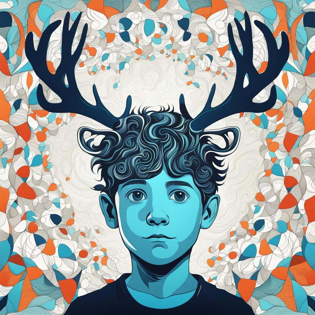 Whimsical Cartoon Portrait of Boy with Antlers