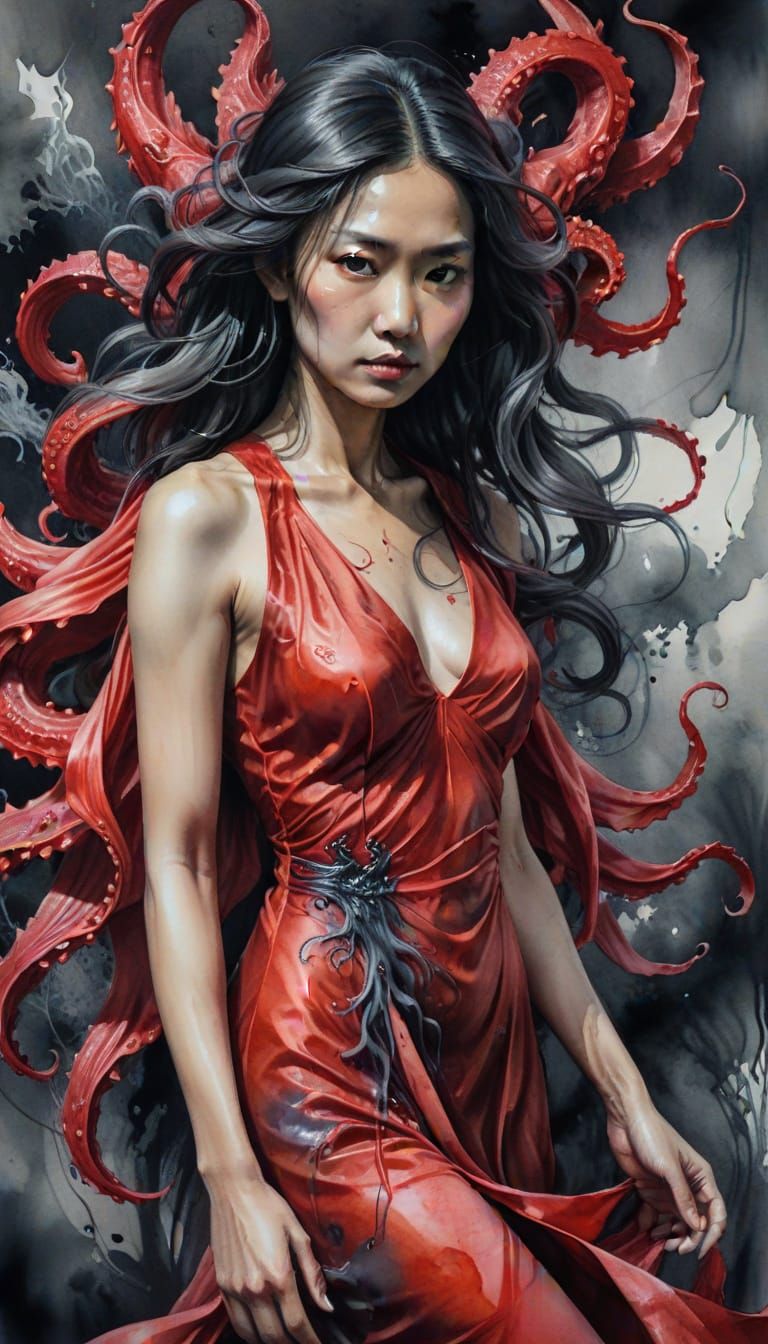 Asian Cthulhu Woman in Crimson Silk Dress
