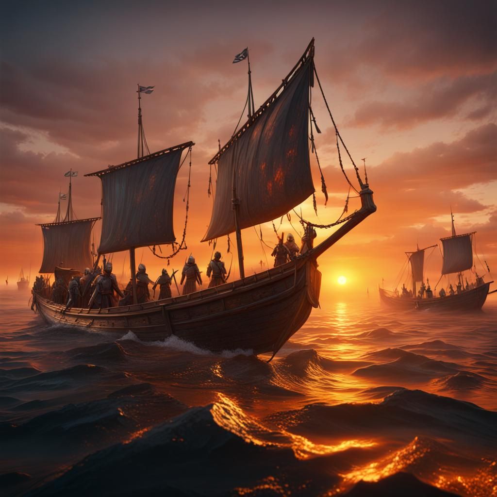 Greek Warships at Sunrise: Fantasy Concept Art