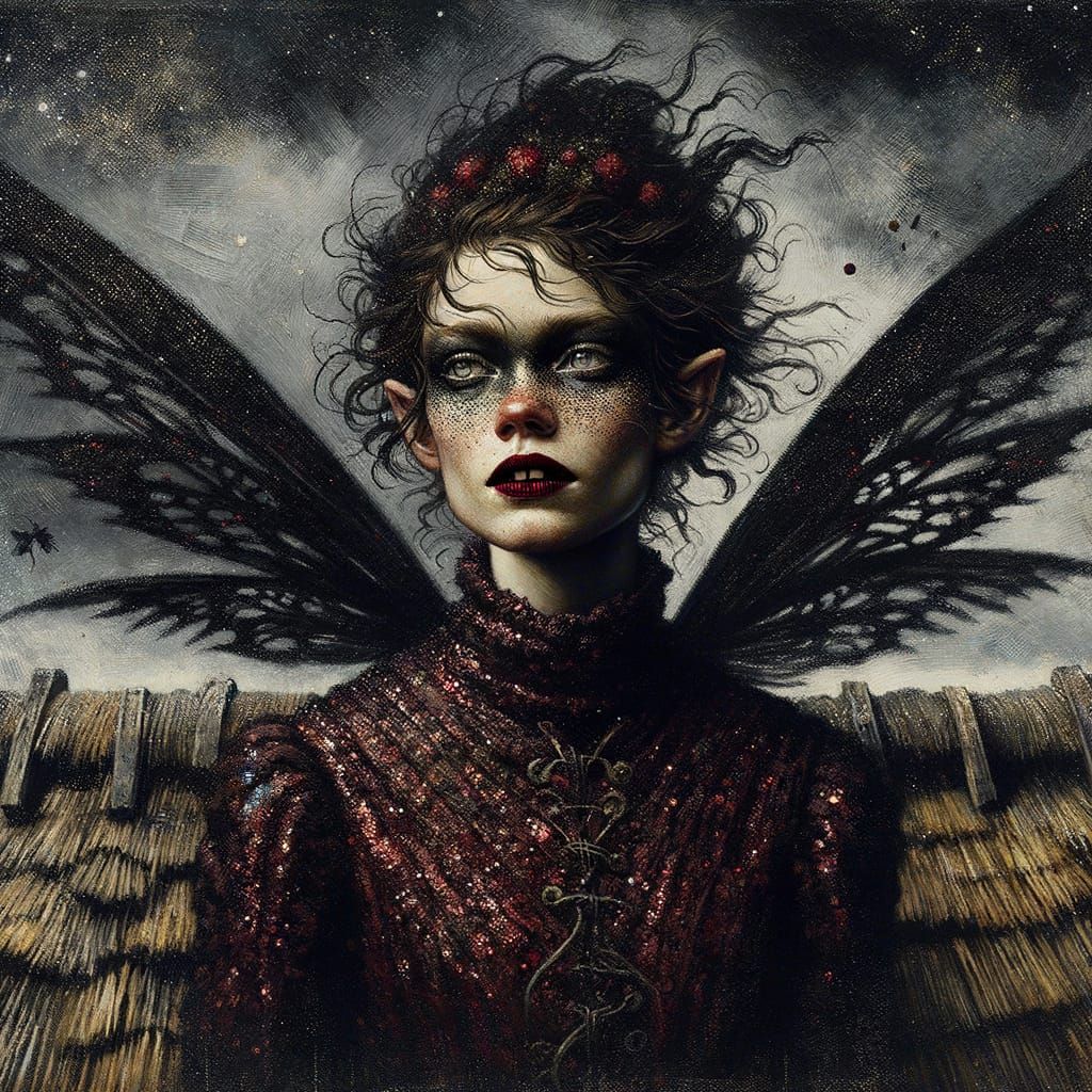 Fairy with Black Wings in Norse Village Painting