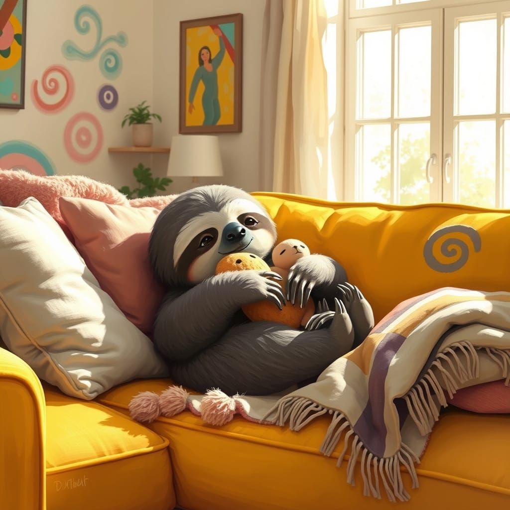 Cozy Sloth on Sunny Sofa in Whimsical Art Style