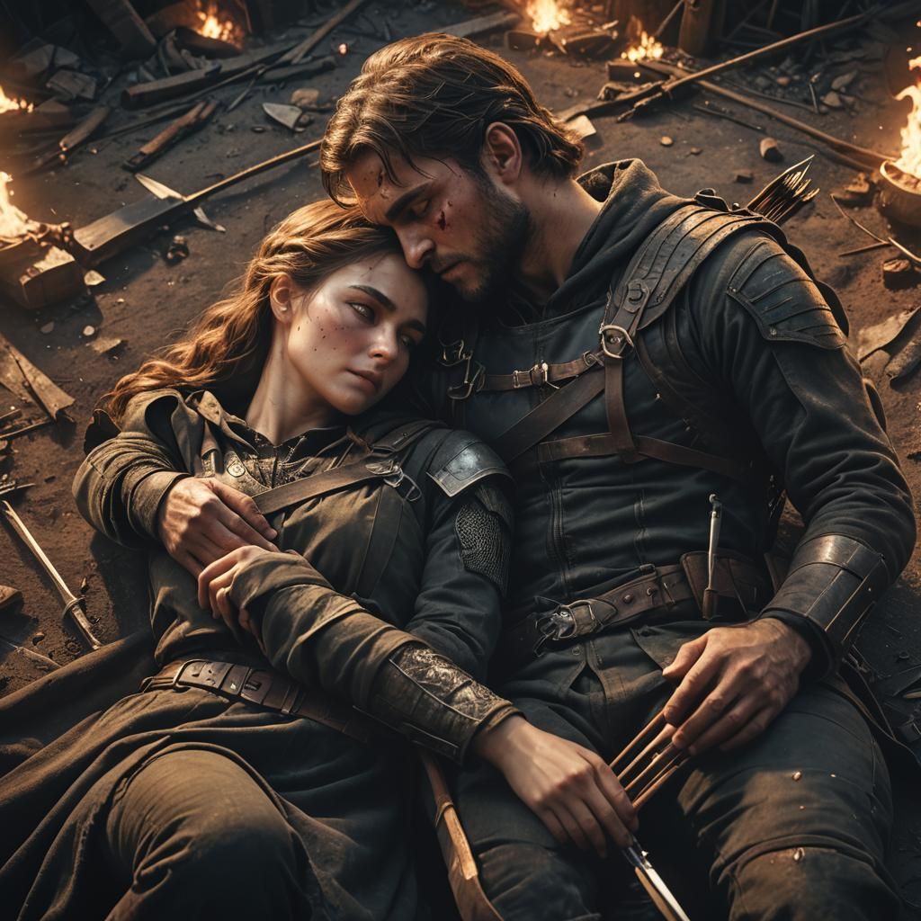 Wounded Soldier's Embrace: A Matte Painting of Love and War