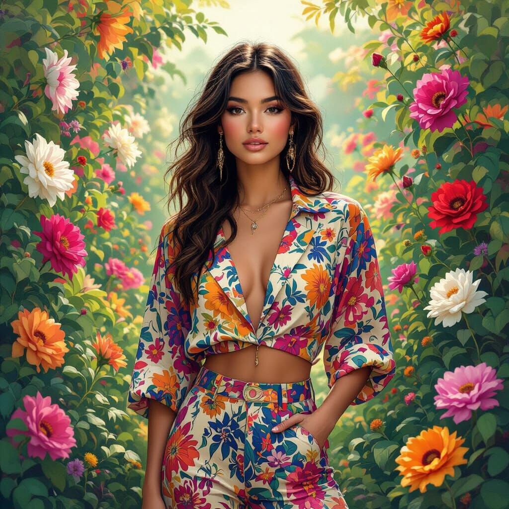 Woman in Blooming Garden, Whimsical Digital Art Style