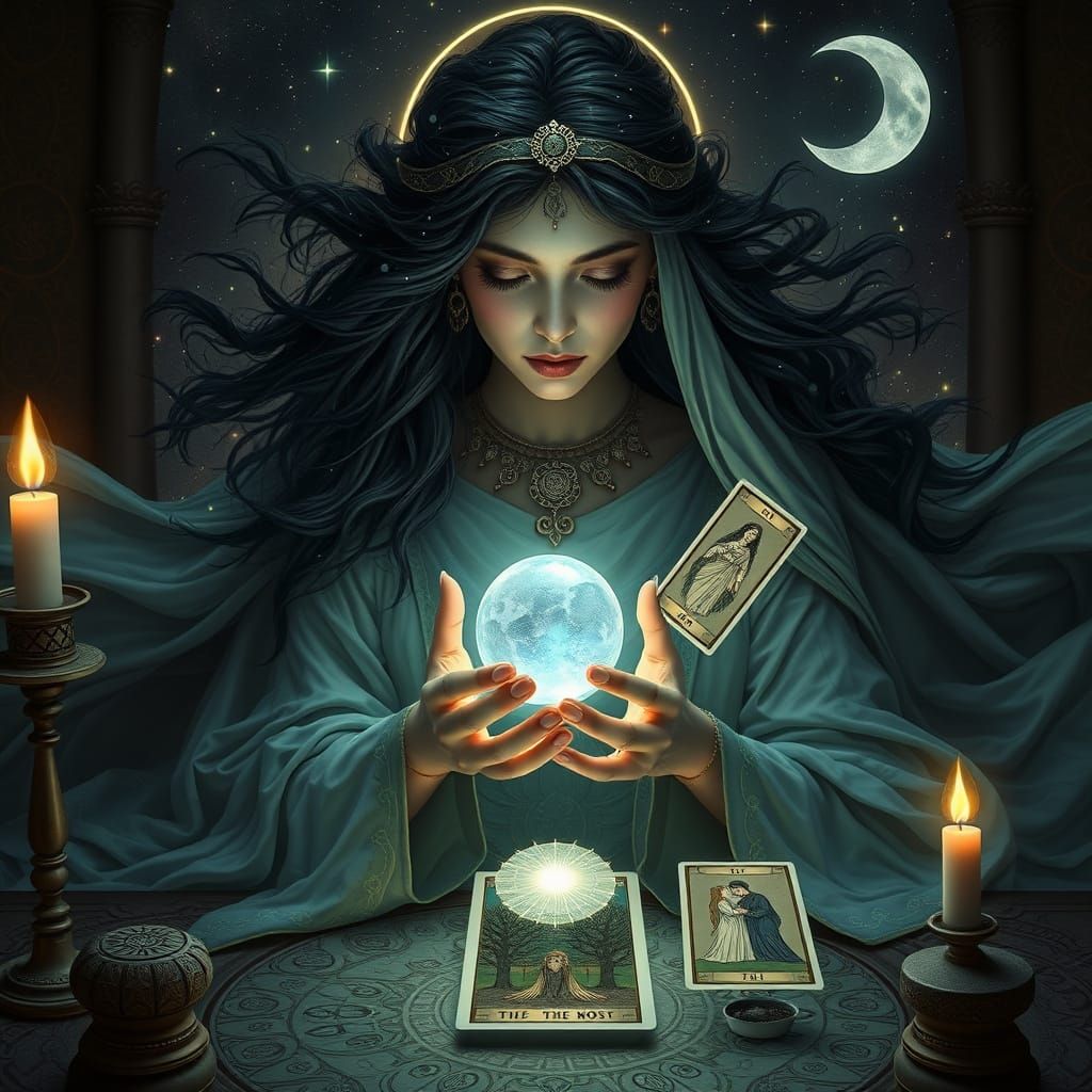 Mystical Tarot Reader as High Priestess with Celestial Runes