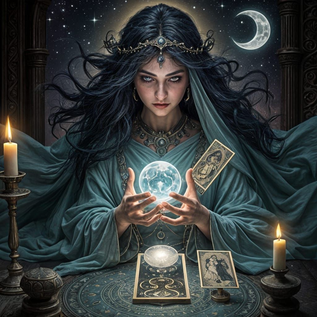 Mystical Tarot Reader with Floating Cards