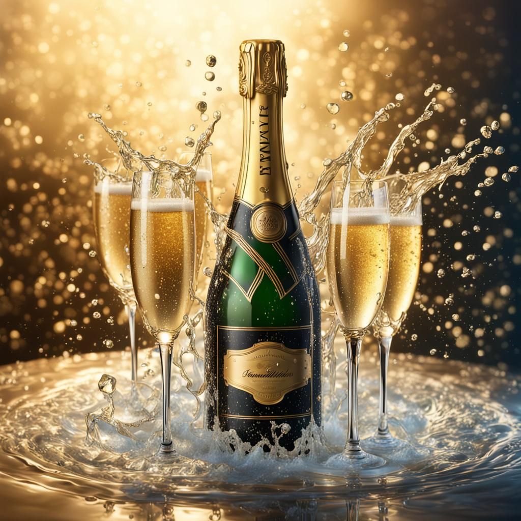 Champagne Fountain in Hyperrealistic Splash Art