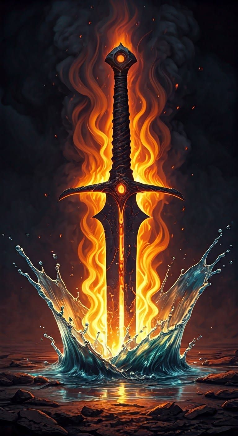 Surreal Encaustic Sword of Eternal Damnation in Fiery Turmoi...