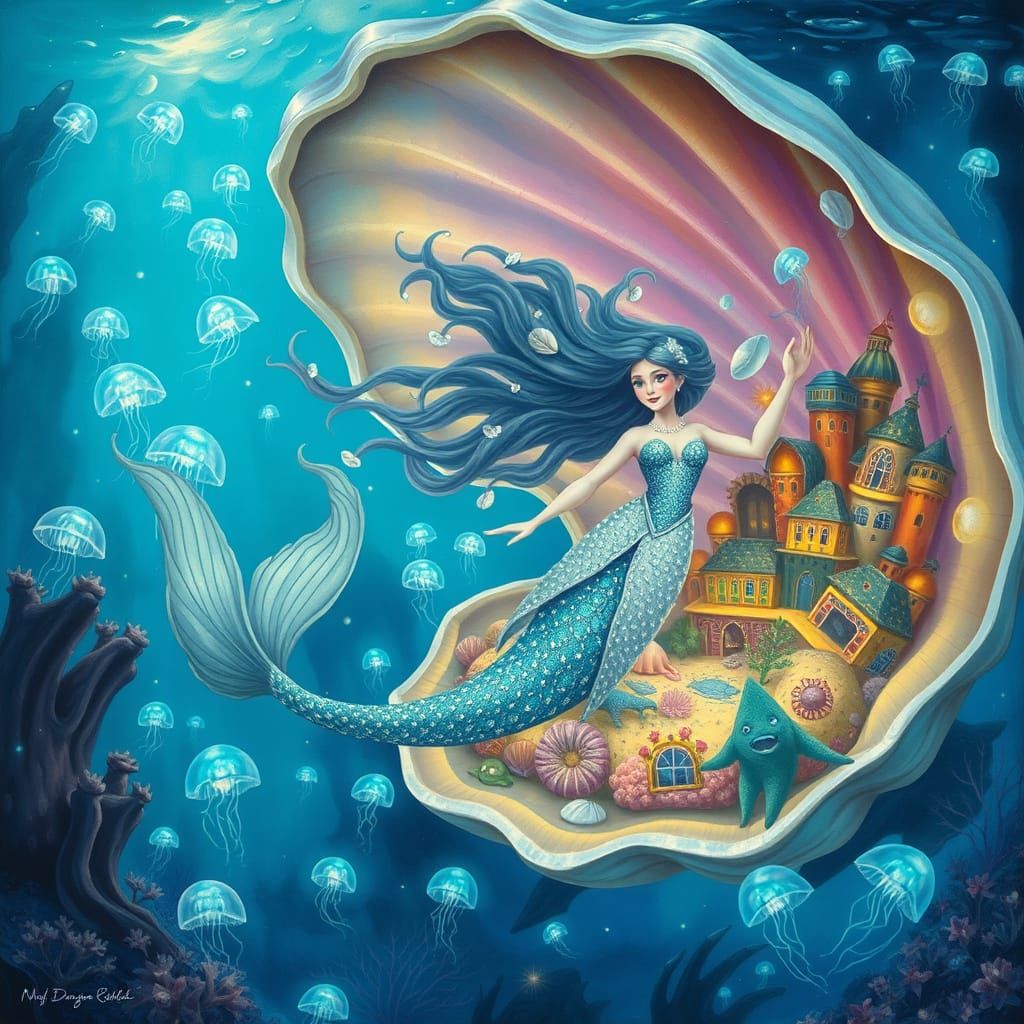 Mermaid in Bioluminescent Underwater City Illustration
