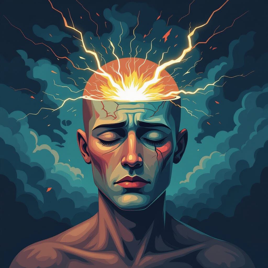 Surreal Head Injury Depiction with Lightning Bolt