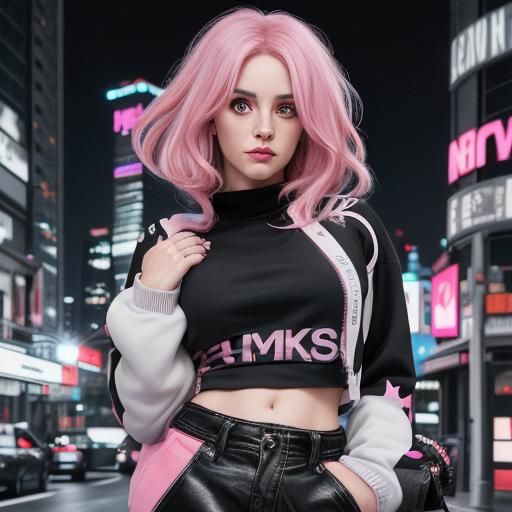 Woman with Black and Pink Hair in Cityscape