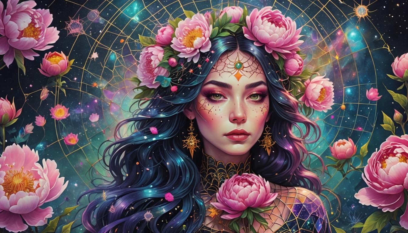 Witchy Woman with Peonies in Astral Illustration
