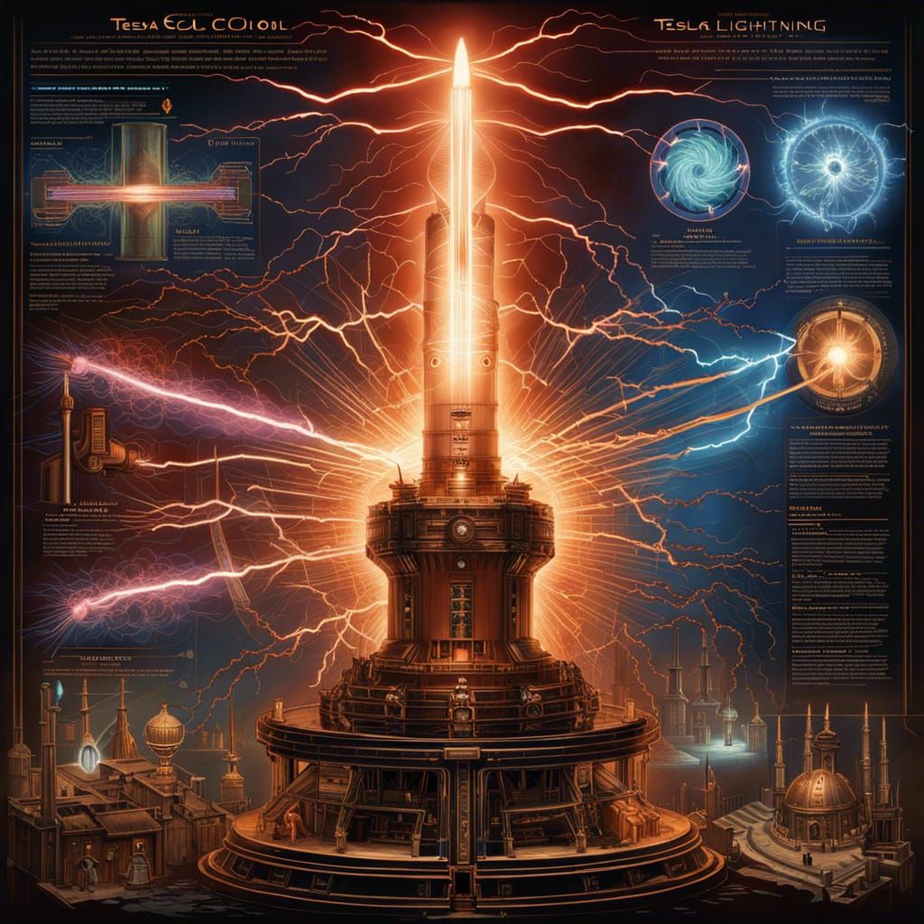 Infographic Blueprint of Tesla Coil in Ancient Grimoire