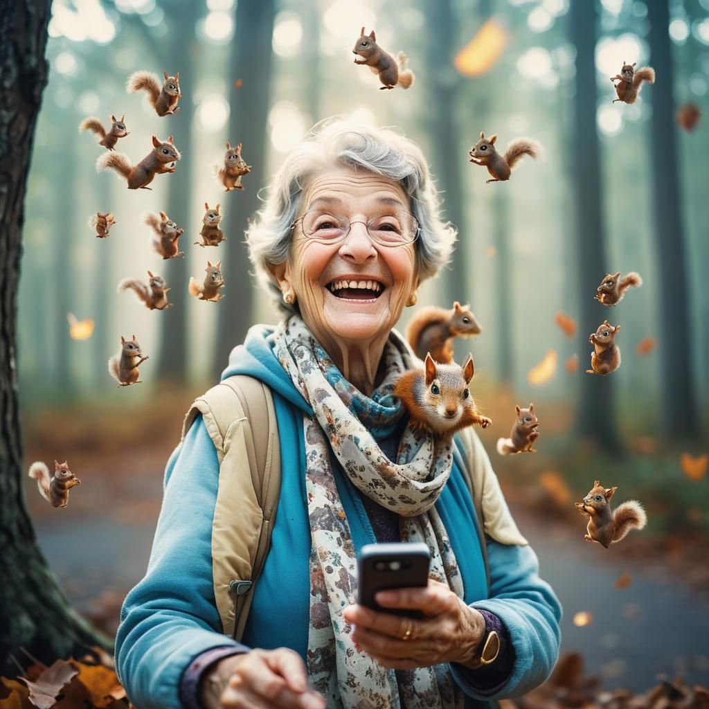 Laughing Grandmother's Squirrel Selfie: Surreal Portrait