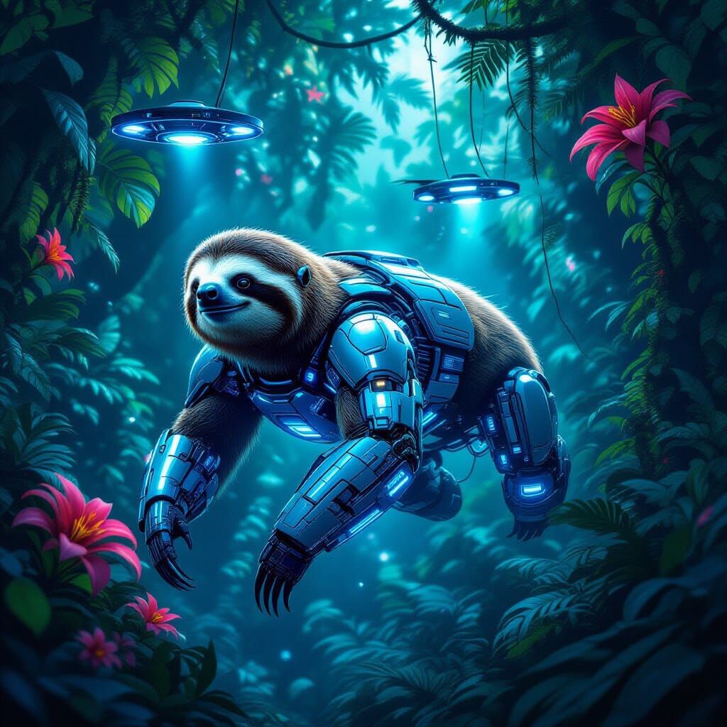 Cybernetic Sloth in Neon Jungle Canopy