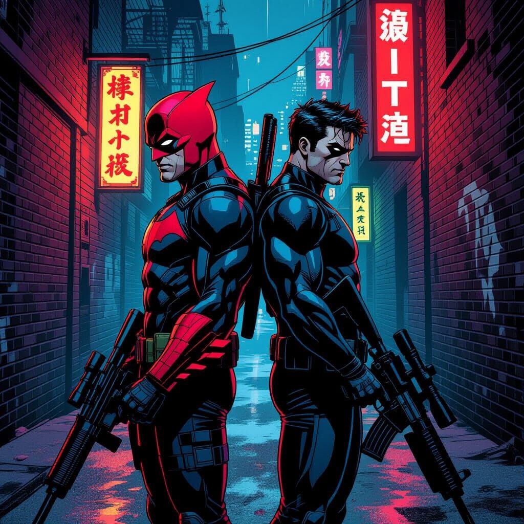 Red Hood and Deadshot in Neon Alleyway Comic Art