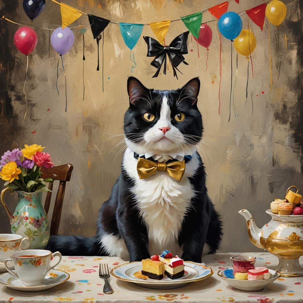 Humorous Tuxedo Cat Portrait in Oil Paint Style
