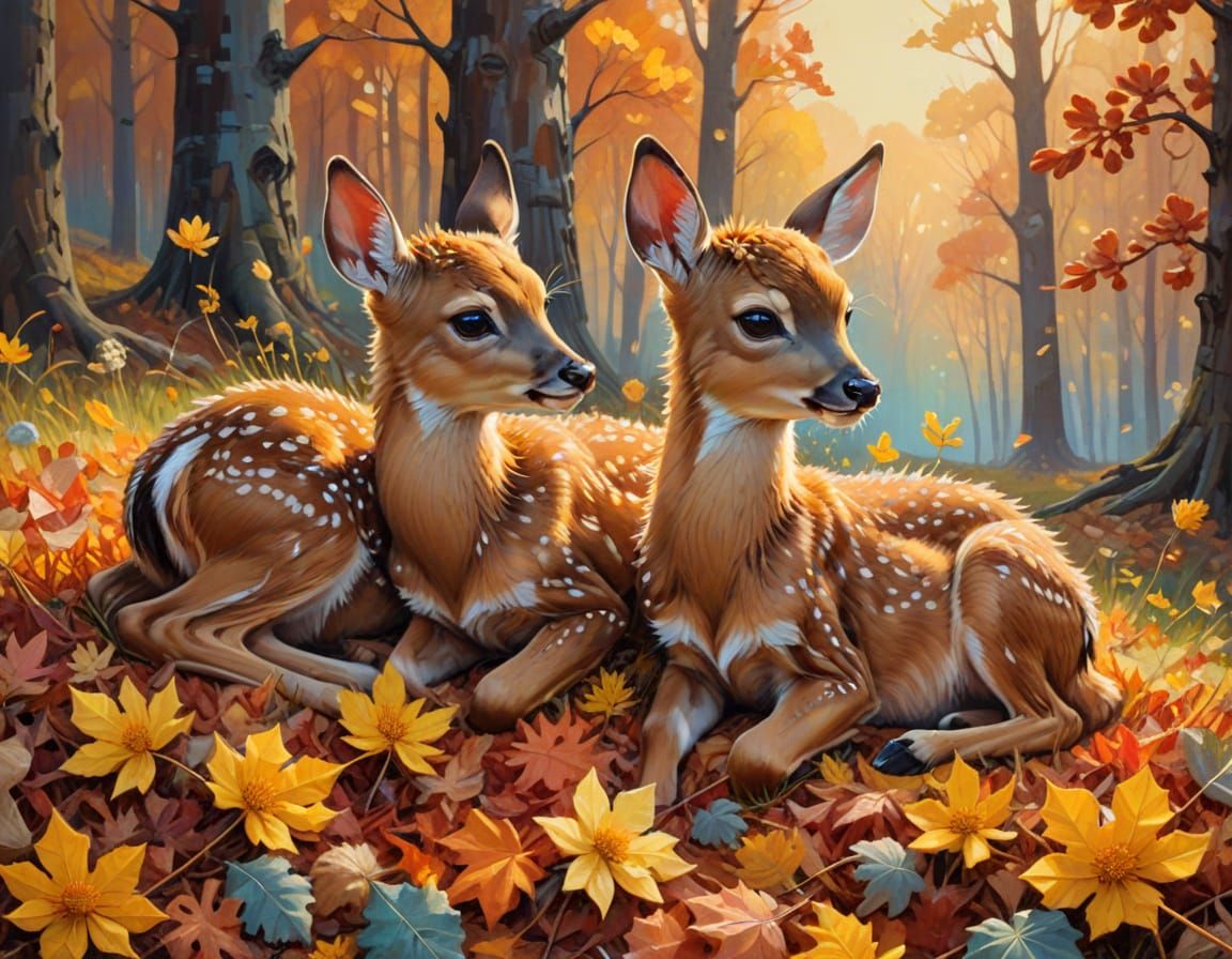 Whimsical Autumn Scene: Two Fawn Playing in Leaves