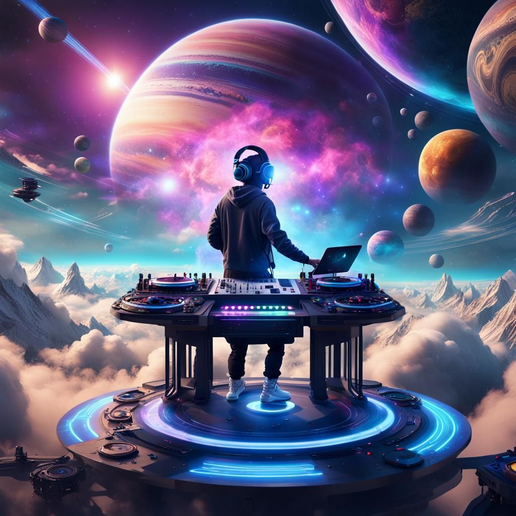 Futuristic DJ Performing on Cloud with Planets