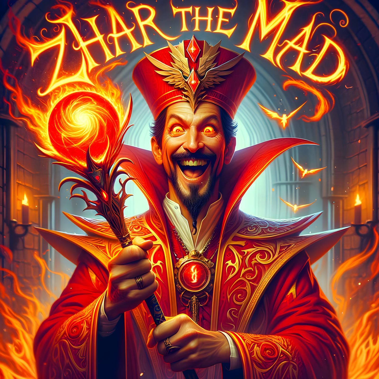 Fiery Typography of a Laughing Archmage in Dungeon