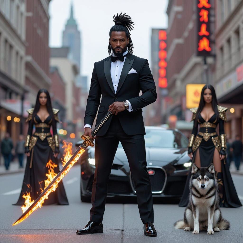 Black Man with Flaming Katana and Bugatti