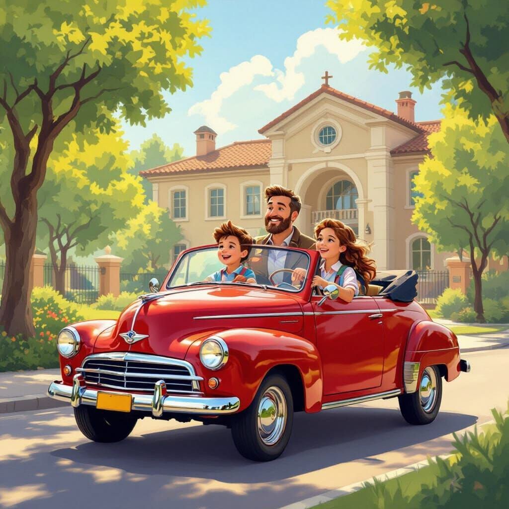 Father Drives Kids to School on Sunny Day