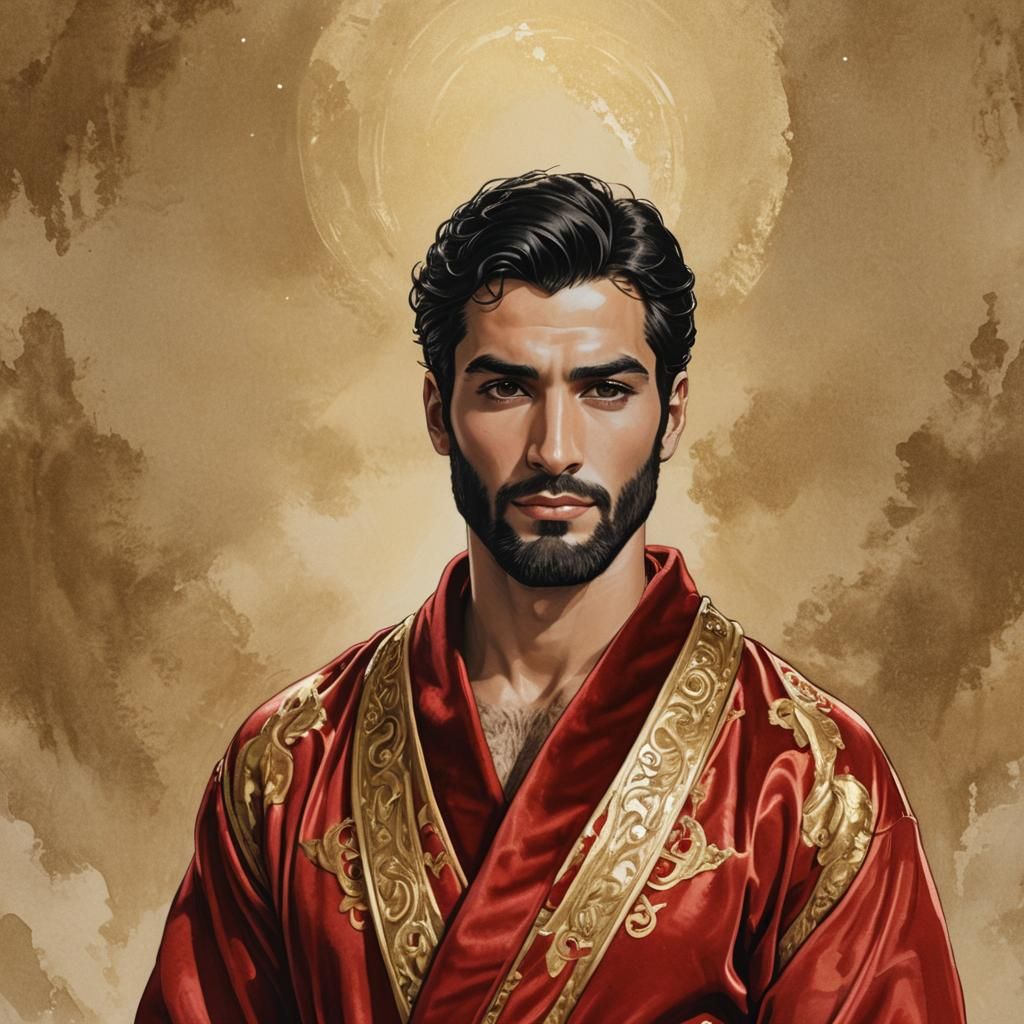Heavenly Man in Red Velvet Bathrobe, Art Nouveau Style
