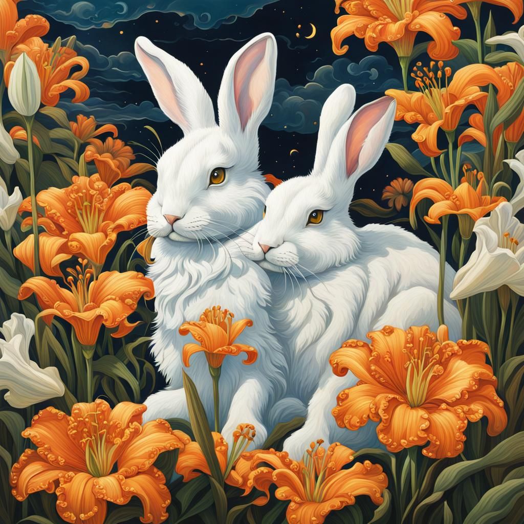 Art Nouveau Lilies, Marigolds, Bunnies and Clouds