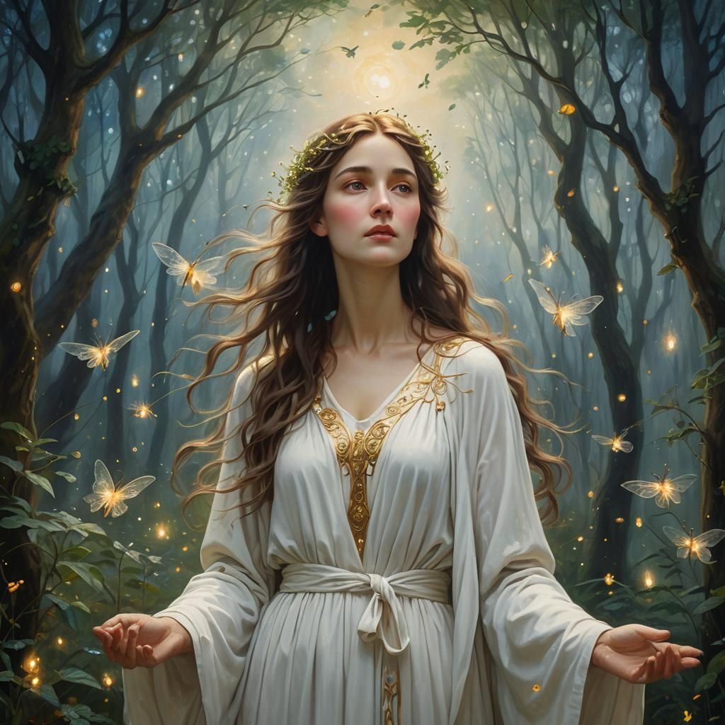 Woman in White Robe in Magical Forest Glade