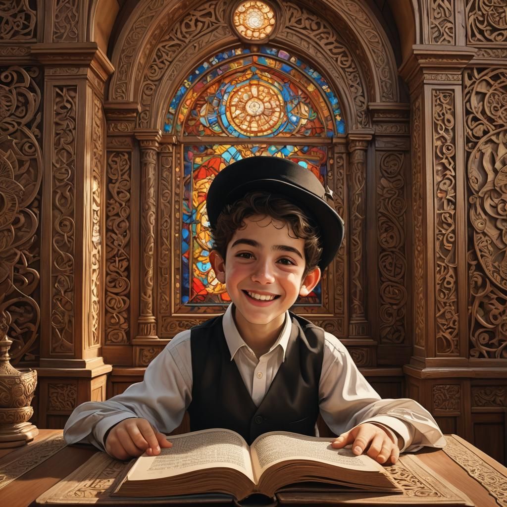Happy Boy Studying in Synagogue: Rembrandt-Inspired Digital ...