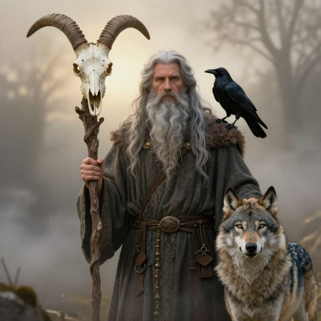 Wise Druid with Goat Skull Staff and Animal Companions