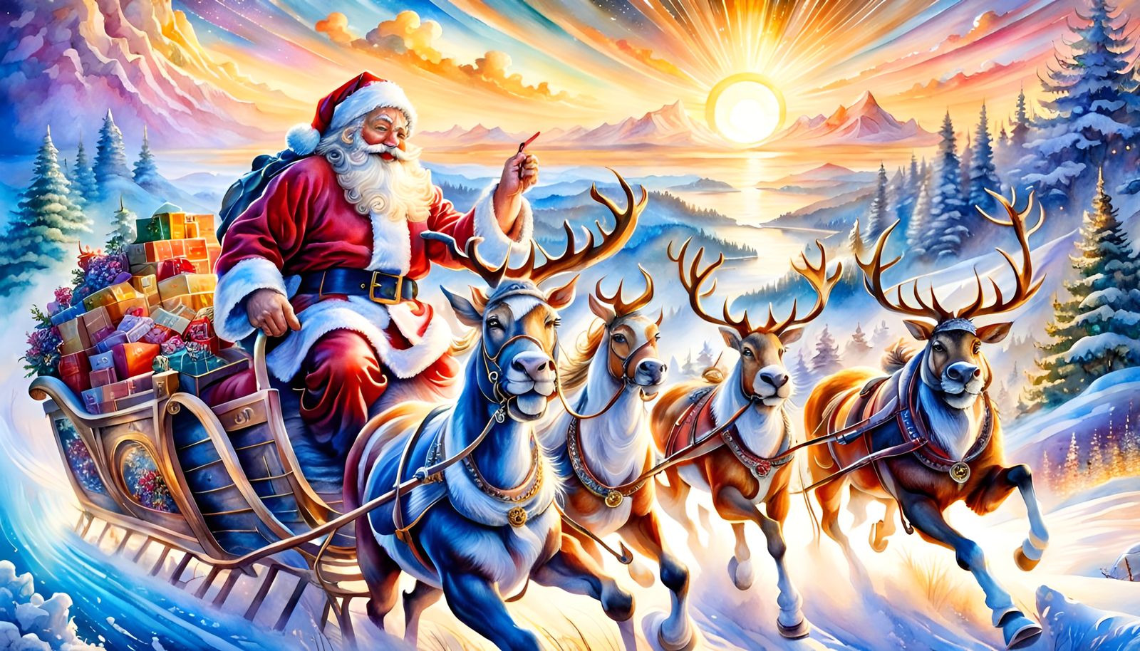 Happy Santa Claus Sleigh Ride Watercolor Illustration